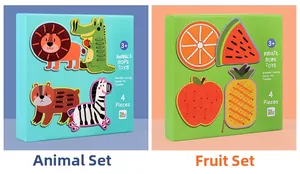 Détails du jeu de laçage avec cartes en bois d'animaux et fruits pour motricité