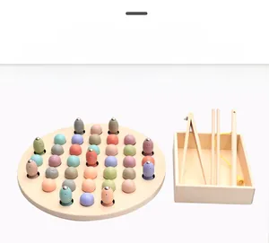 Detailed accessories view of wooden magnetic fishing toy set with rods and colorful fish blocks
