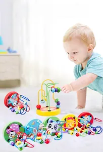 Close-up of elephant theme wooden bead maze toy with colorful wire track and beads