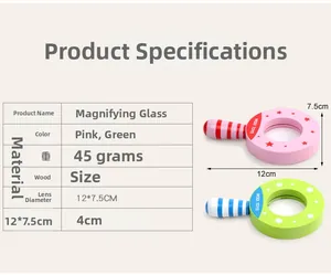 Detailed size chart of a wooden magnifying glass toy with pink and green floral patterns