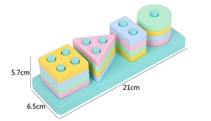 Détail du jouet trieur géométrique en bois avec piliers macaron et dimensions