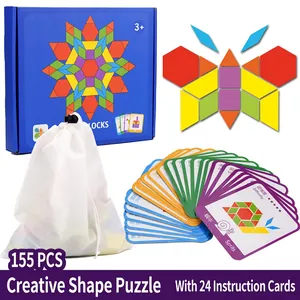 155pcs wooden geometric shape puzzle set with 24 flashcards and drawstring bag for kids