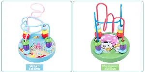 Detail view of ocean and mushroom themed wooden bead maze toys for toddler early education