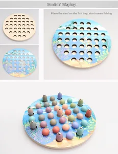 Detail of wooden 2-in-1 magnetic fishing game with sea animal pieces and base