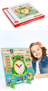 Detailed view of frog-shaped wooden calendar clock toy with color box and product dimensions
