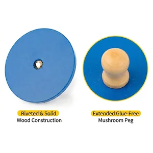Montessori wooden geometric puzzle featuring blue circular panels and long wooden pegs