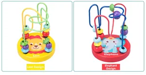 Detail of wooden bead maze toys featuring colorful Lion and Elephant cartoon designs