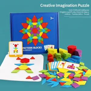 155-piece wooden geometric puzzle set with flashcards and storage bag for kids aged 3+