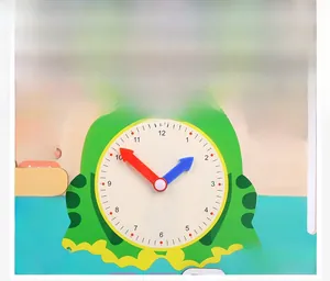 Macro detail of educational wooden clock toy teaching months seasons and weather