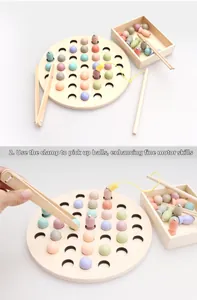 Detail of wooden toy set for fine motor training showing clip beads and magnetic fishing
