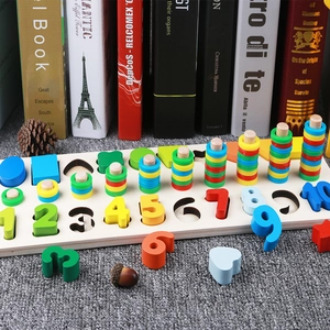 Wooden Montessori sorting board with 1-10 colorful numbers, shapes and stacking rings