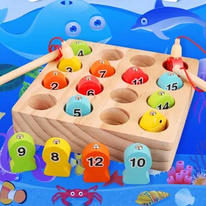 Wooden Magnetic Fishing Toy Set For Toddlers Educational Number Recognition Game 15 Colorful Fish 2 Rods Montessori Learning Toy