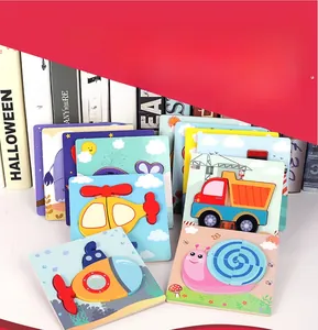 Detailed view of colorful 3D wooden animal and vehicle puzzles for early education