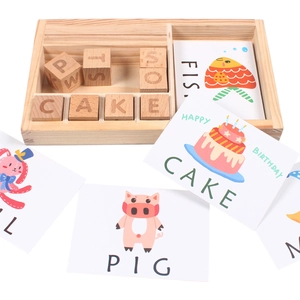Educational wooden alphabet block set with flashcards and tray for spelling learning