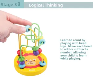 Close-up of wooden bead maze toy with cartoon lion base for toddler logic training