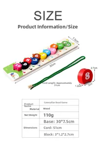 Size chart for wooden caterpillar sorting toy with baseboard and colorful number blocks