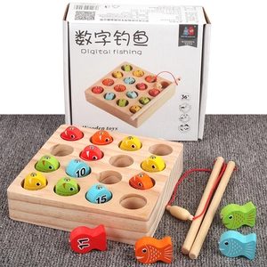 Magnetic wooden digital fishing toy set with two rods and colorful numbered fish for kids