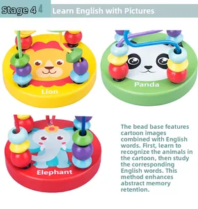Detail of wooden bead maze toy featuring cute lion, panda and elephant animal patterns