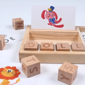 Educational wooden spelling alphabet blocks set with animal cartoon word cards