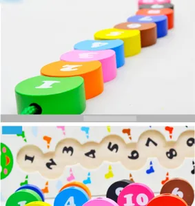 Macro shot of colorful wooden number beads and lacing blocks for early learning