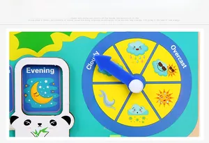 Detail of wooden weather clock toy showing rotatable arrow and cartoon climate icons