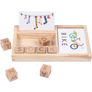 Educational wooden word spelling game with alphabet blocks and flashcards for kids