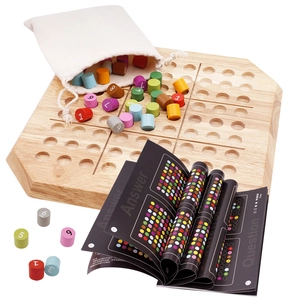 Wooden Sudoku logic game for kids featuring colored number tiles and storage bag