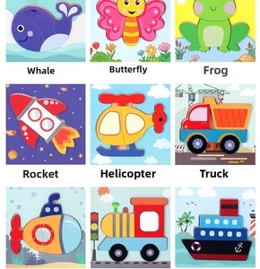 Detailed 3x3 layout of colorful 3D wooden animal and vehicle puzzles for kids
