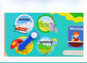 Detail of wooden educational board showing seasons and time with blue rotating pointer