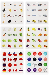 Vue détaillée des cartes éducatives avec thèmes de drapeaux, fruits et instruments de musique