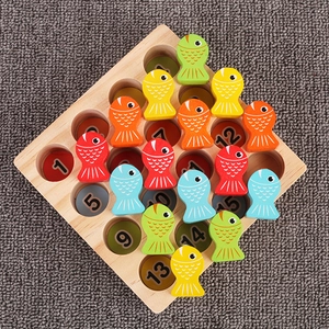 Wooden magnetic fishing toy set with 15 colorful fish and numbered base for kids learning