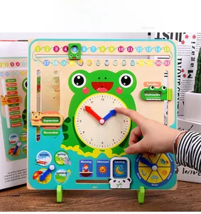 Detailed top view of 7-in-1 wooden frog calendar clock for kids learning time and weather