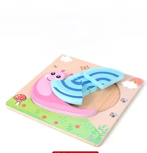 Macro view of 3D wooden animal puzzle featuring a colorful snail design for kids