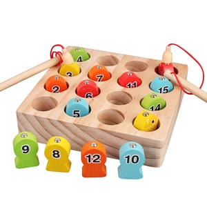 Wooden magnetic fishing toy set with numbered colorful fish and base for kids' early learning