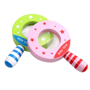 Educational wooden magnifying glass toys for children in vibrant green and pink colors