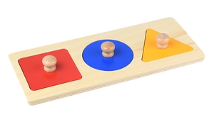 Detail view of Montessori wooden geometric shape puzzle with easy-to-grip knobs for toddlers