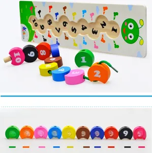 Macro view of numbered wooden caterpillar lacing toy beads and threading board set