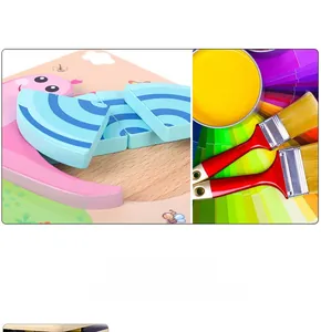 Detail of wooden dinosaur puzzle with smooth edges, bright eco-friendly paint and brushes