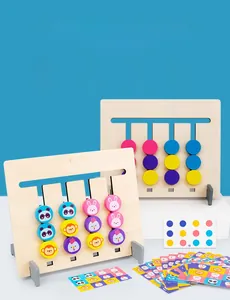 Detailed view of double-sided wooden animal logic game with sliding colorful animal blocks