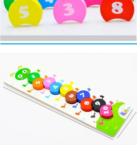 Detailed view of colorful wooden caterpillar number beads and stacking blocks for kids