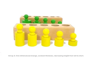 Détail des cylindres Montessori en hêtre avec variation de hauteur sur socle bois