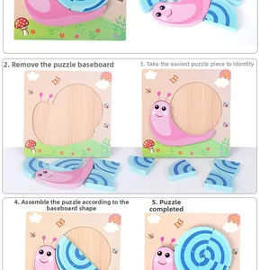 Detail guide showing the step-by-step assembly of the wooden snail puzzle for toddlers
