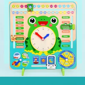 Frog Theme Multifunctional Wooden Kids Calendar Clock Educational Board Learning Date Month Week Weather Season Time Cognition Toy