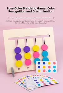 Macro detail of wooden Montessori slide puzzle with color sorting logic cards and pieces