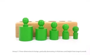 Vue détaillée du bloc cylindre Montessori en bois vert avec changement de dimension