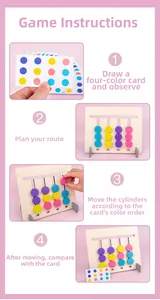 Detailed four-step guide for wooden Montessori logic game showing cards and sliders