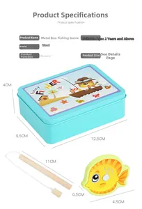 Detailed view of wooden magnetic fishing toy set with metal storage box and dimensions