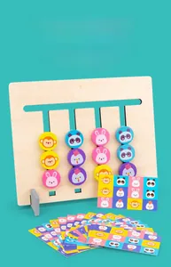 Macro detail of wooden Montessori logic slide board with animal patterns and challenge cards