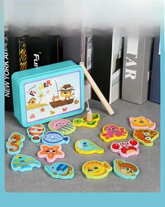 Detailed set of wooden magnetic fishing toy with colorful sea animals and tin storage box