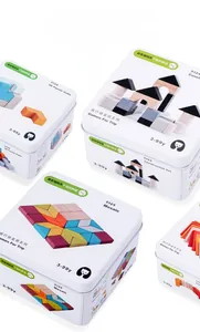 Educational travel tin box toys with 3D puzzle cube, mosaic tiles and wooden building blocks